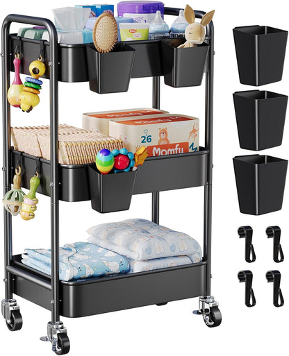 3 Tier Rolling Cart Metal with Lockable Wheels, Pink Three Tiered Diaper Caddy Cart Organizer on Wheels, Storage Utility Trolley Carts for Craft, Art, Nail, Lash, Baby Supplies, Cleaning, Mesh