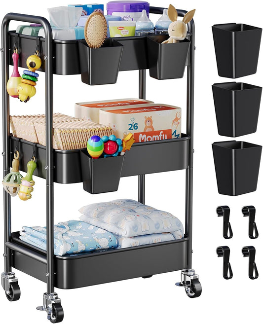 3 Tier Rolling Cart Metal with Lockable Wheels, Pink Three Tiered Diaper Caddy Cart Organizer on Wheels, Storage Utility Trolley Carts for Craft, Art, Nail, Lash, Baby Supplies, Cleaning, Mesh