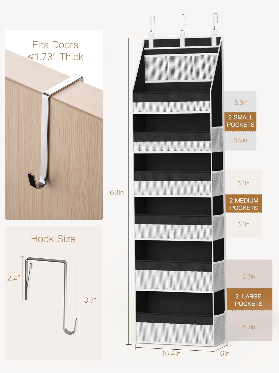 Criusia Over the Door Organizer, 6-Shelf Closet Hanging Storage with 13 Mesh Pockets, 55lbs Capacity Behind the Door Storage for Baby Nursery, Bathroom, Bedroom, and Dorm, Beige