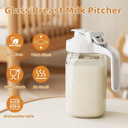 OneDream Breast Milk Pitcher 32oz Glass Pitcher with Lid, Formula Pitcher Leakproof Drip-Free Spout, Wide Mouth Mason Jar Pitcher for Easy Pouring, Dishwasher Safe Breastmilk Storage Pitcher