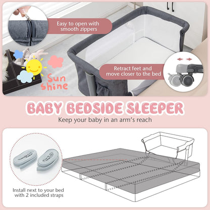 BABY JOY Bassinet Bedside Sleeper, 3 in 1 Folding Crib w/Adjustable Height, Mattress, Lockable Wheels, Storage Pocket & Carry Bag for Infant Newborn, Stationary & Rock, Portable Baby Bassinet (Grey)