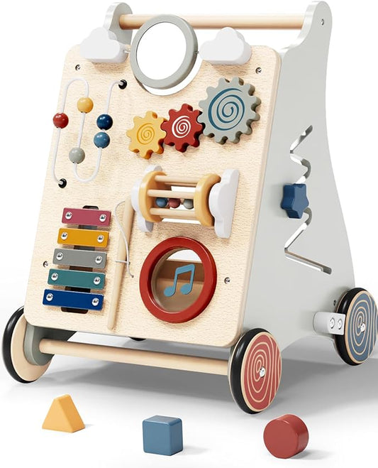 Detachable Baby Walker for Toddlers 1 Year Old Wooden Montessori Busy Board Adjustable Speed Push & Pull Walker Learning to Walk Activity Center Toy for Boys Girls 12 Months+ Baby Toys Birthday Gifts