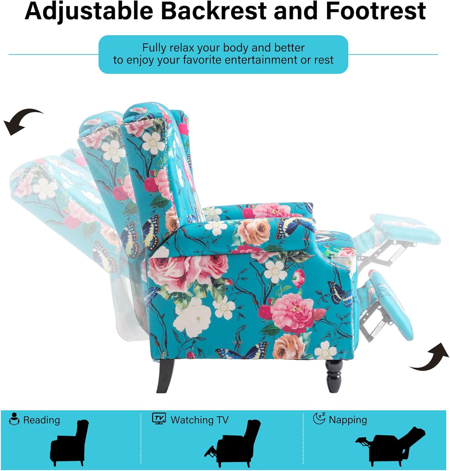Swivel Rocker Recliner Chair, Manual Nursery Glider Recliner, Floral Fabric Wingback Accent Chair with Adjustable Backrest & Footrest for Small Spaces Living Room Bedroom (Plants Floral, Set of 1)