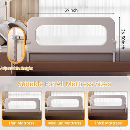 Baby Bed Guard Rail for Toddler - 59in Adjustable Heights, Swing Down Bedrail, Extra Tall Child Safety Side Railing Guards for Kids - Toddler Bed Rail for Queen, King, Twin, and Bunk Size Beds - Full
