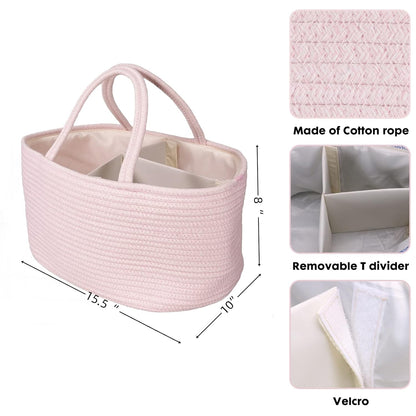Baby Diaper Caddy Organizer for Girl Boy Rope Nursery Storage Bin Basket Portable Holder Tote Bag for Changing Table Car Travel Baby Shower Gifts Newborn Essentials Registry Must Have Items Pink