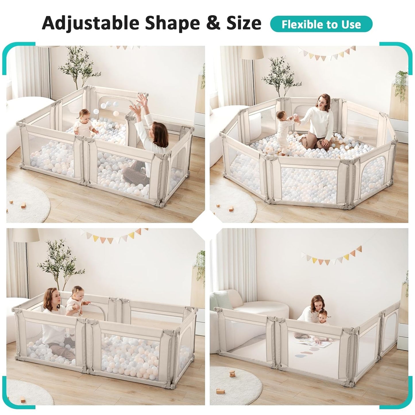 Doradotey Baby Playpen, Shape &Size Adjustable Large Baby Playard for Babies and Toddlers, Foldable Playpen Fence Indoors Play Center Yards, Breathable Mesh Anti-Fall Play Pen 79x71, Cream