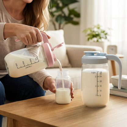 Breast Milk Pitcher 32 OZ, Heat & Cold Resistant, Sudden Temperature Safe, Fast Baby Formula Maker with Wide Mouth, No Leak Borosilicate Glass Fridge Storage Container for Juice, Cold Brew-Pink