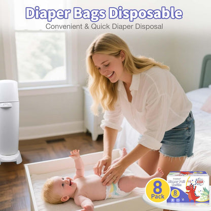 Diaper Pail Refill Bags 8 Pack Upgraded Odor Control Diaper Disposal Bag Compatible with All Diaper Trash Can, Compact Pail, Square Pails Diaper Pail Refills