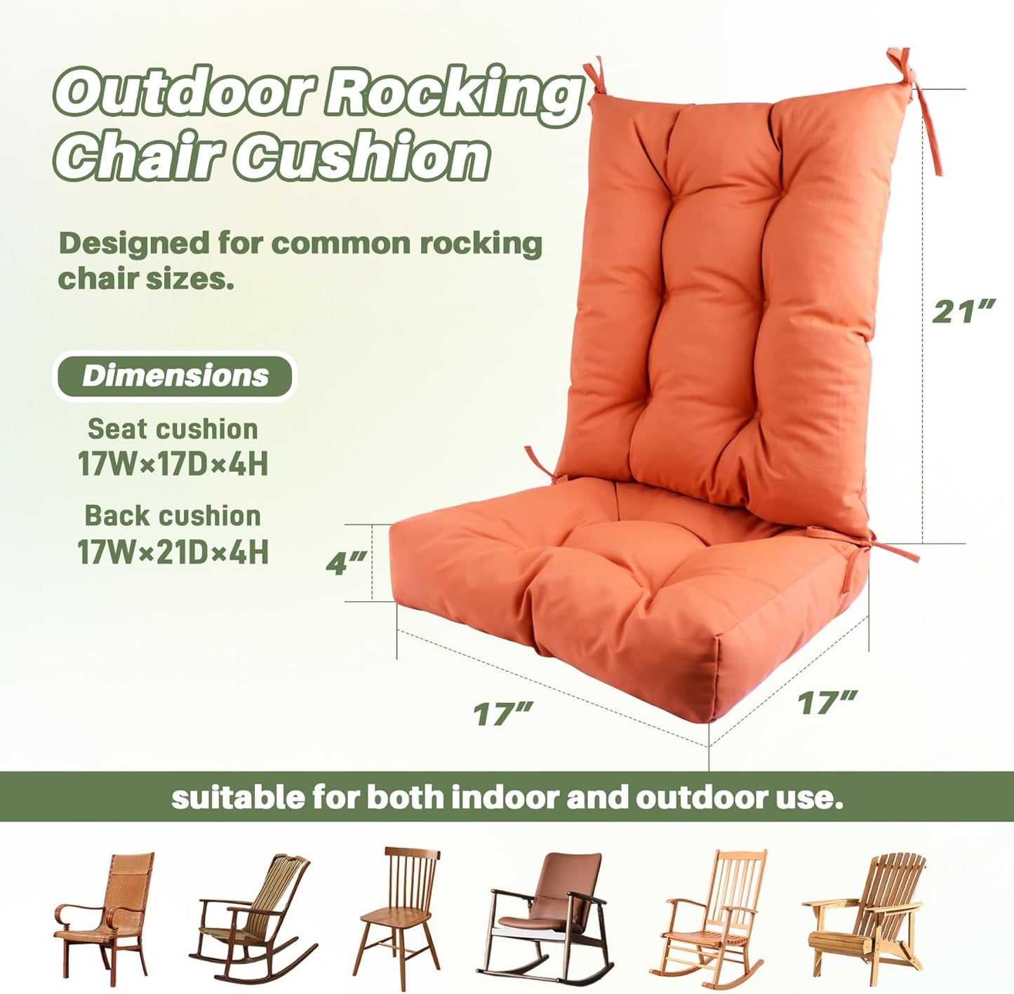 Rocking Chair Cushion with Ties Non-Slip Outdoor Rocking Chair Cushion Set Waterproof Fade-Resistant Porch Garden Patio Glider Rocker Cushions