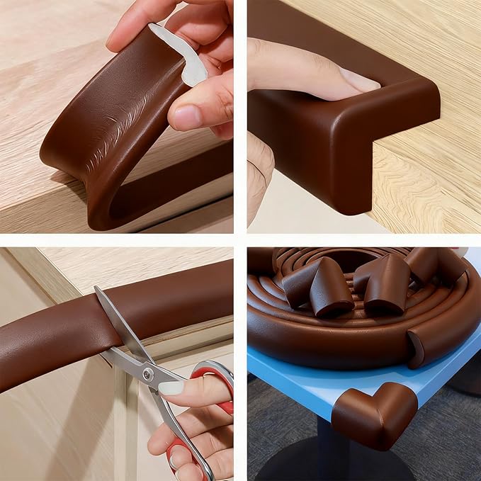 Furniture Edge Corner Protector (16.7ft Edge 8 Corners), Baby Proof Bumper Guards, Soft NBR Safety Pre-Taped Rubber Foam for Table, Desk, Fireplace (Brown)