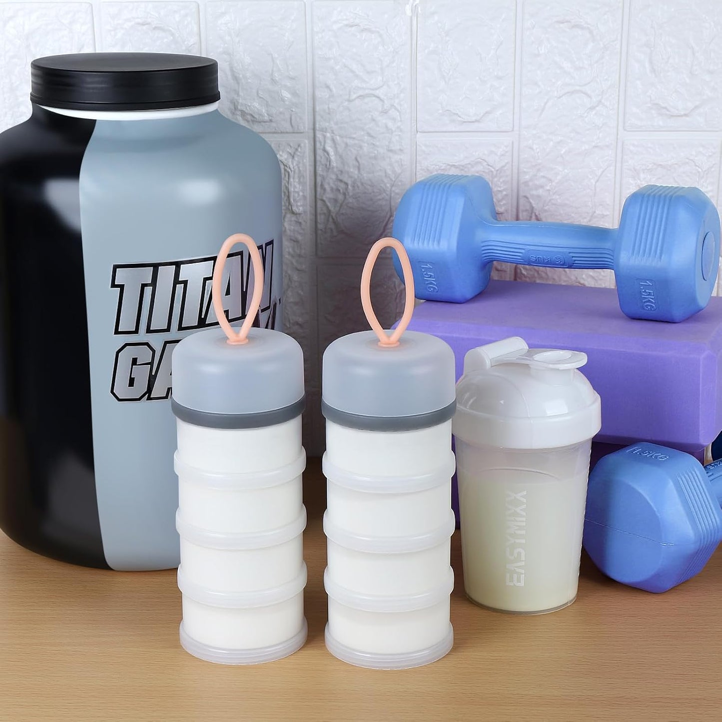 Accmor 2 Pcs Protein Powder Container to Go with Funnels Stand, 4 Compartments Stackable Protein Powder Dispenser for Workout, Fitness, Travel