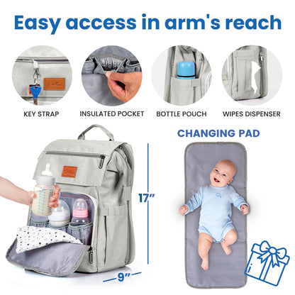 PILLANI Baby Diaper Bag Backpack - Large Waterproof Travel Diaper Bag for Boys & Girls, 16 Organizer Pockets with Changing Pad, Insulated Bottle Pockets & Stroller Straps, Baby Shower Gifts, Dinosaur