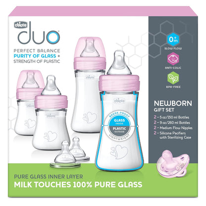 Chicco Duo 9oz Hybrid Baby Bottle, Real Glass Inside, Lightweight Plastic Outside, Patented Invinci-Glass Technology, Intui-Latch Nipple, 2-Pack, Clear/Pink