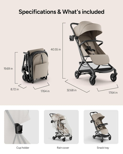 Neo Lightweight Travel Stroller with Snack Tray, Airplane-Friendly Compact Baby Stroller, One-Hand Fold Portable Stroller for Toddler 0-55lbs, Adjustable Recline Seat, UPF 50+ Canopy,Rain Cover