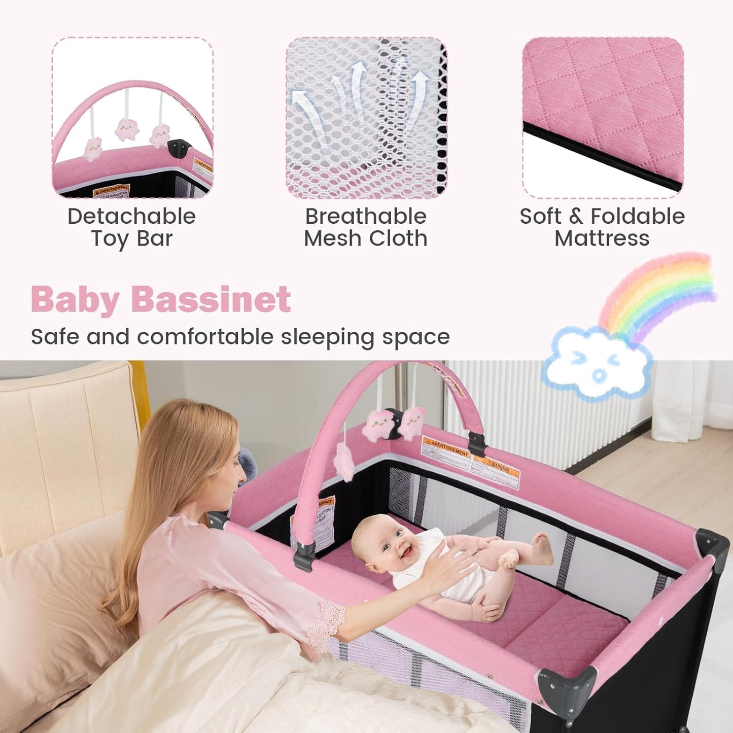 BABY JOY 3 in 1 Pack and Play, Travel Baby Crib Bassinet Bed with Bassinet, Changing Table with Safety Belt, Toy Bar, Lockable Wheels, Portable Baby Playard from Newborn to Toddler