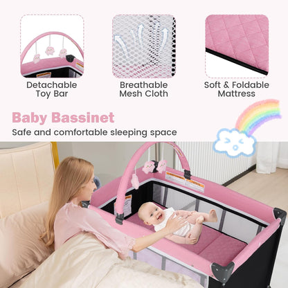 BABY JOY 3 in 1 Pack and Play, Travel Baby Crib Bassinet Bed with Bassinet, Changing Table with Safety Belt, Toy Bar, Lockable Wheels, Portable Baby Playard from Newborn to Toddler