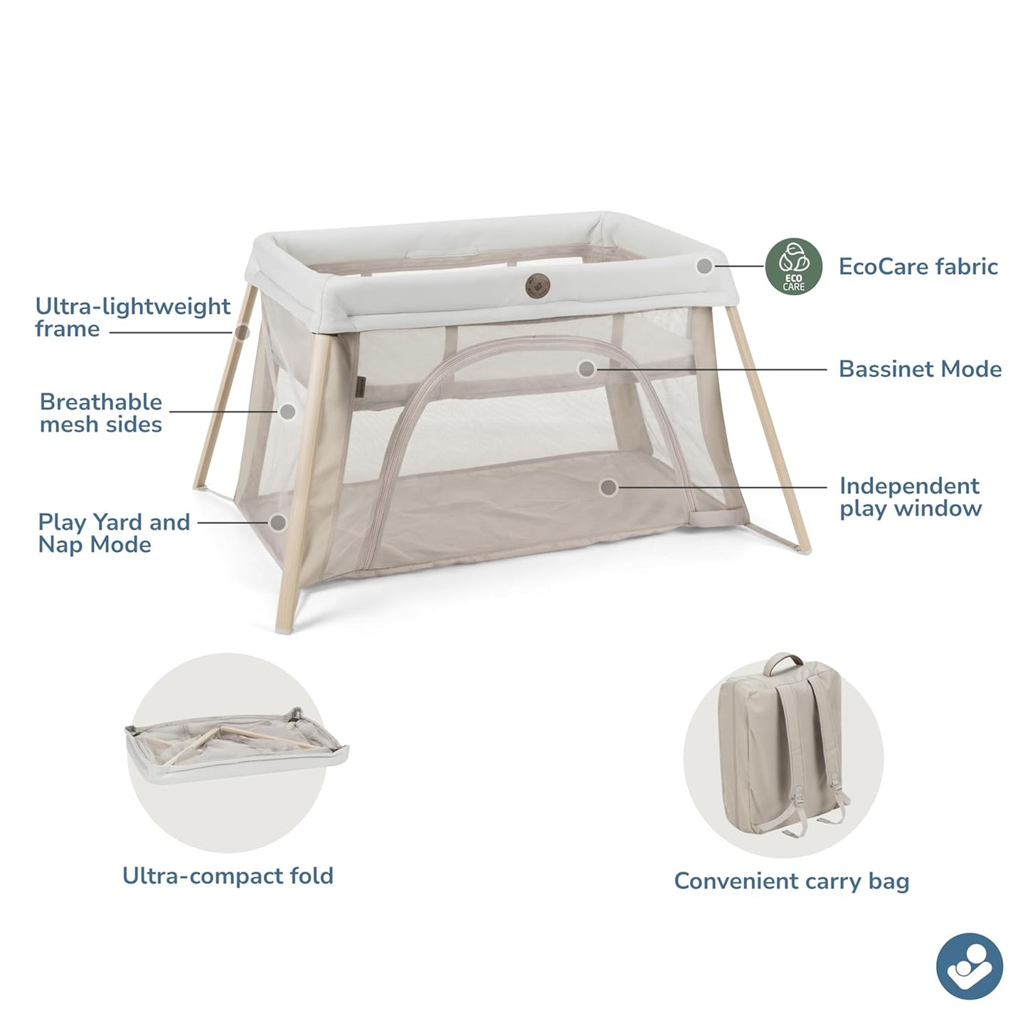 Maxi-Cosi Calao Travel Playard, Infant Bassinet, Toddler Playpen, Portable, Lightweight, Foldable, Easy Setup, with Carry Bag, Breathable Mesh, Truffle