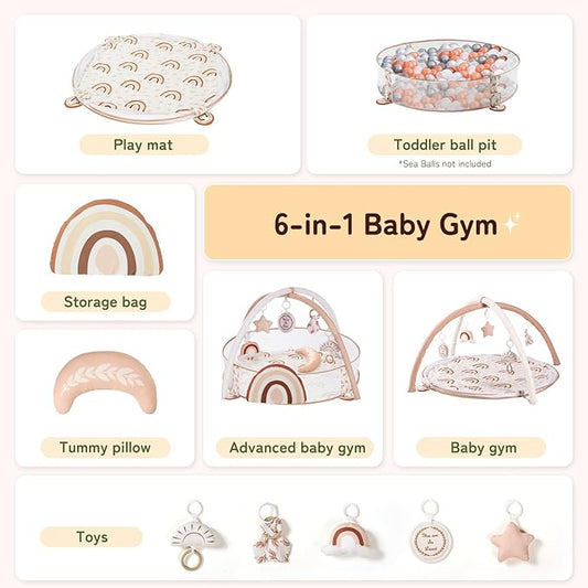 Mallify 6-in-1 XL Large Baby Gym & Ball Pit, Play Mat & Play Gym, Combination Baby Activity Gym with Milestone Cards for Sensory Exploration and Motor Skill Development, Balls are not Included