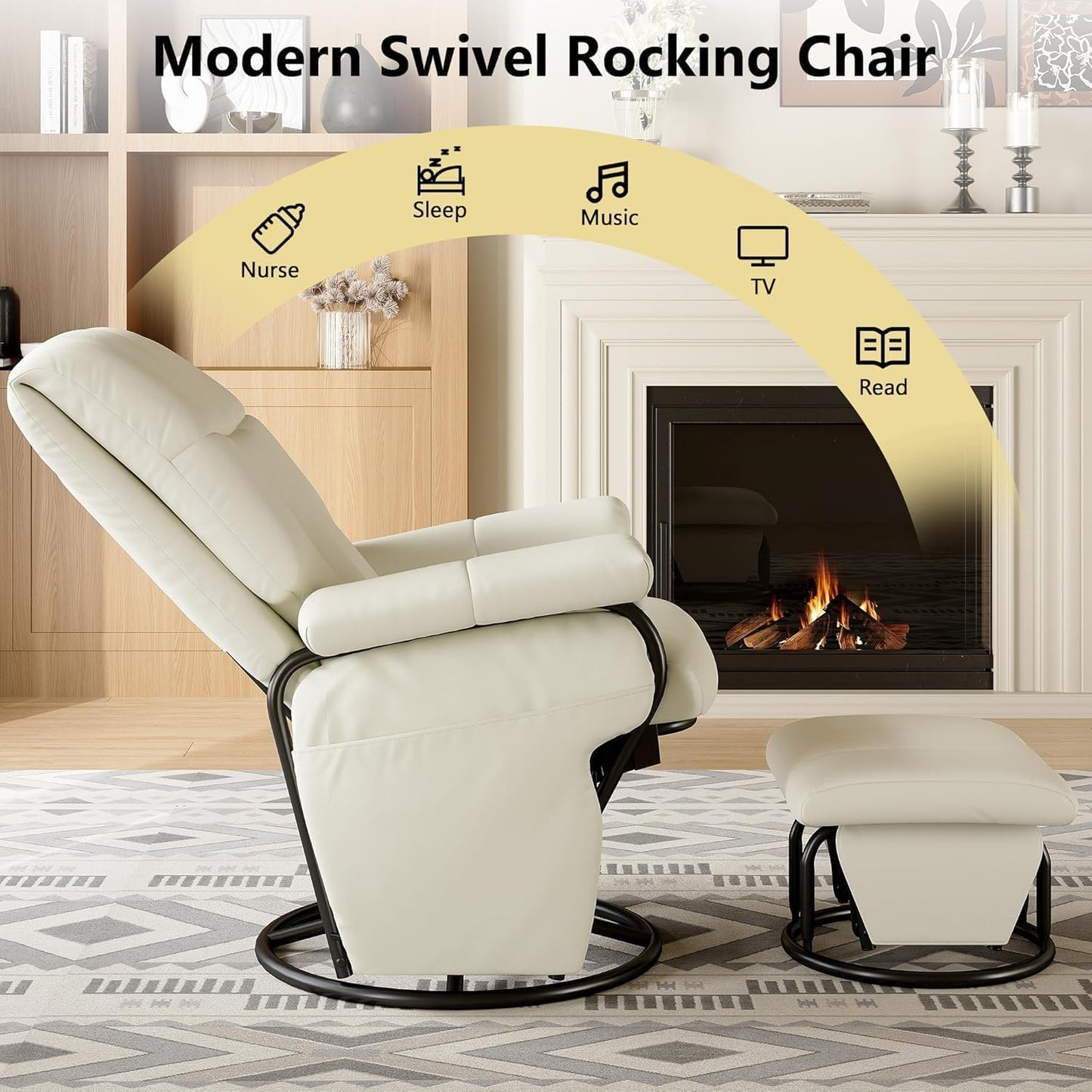 AODAILIHB 360° Swivel Glider Recliner with Ottoman, Nursing Glider Rocking Chair with Foot Rest & 2 Side Pockets for Nursery, Living Room, Bedroom, Office, White