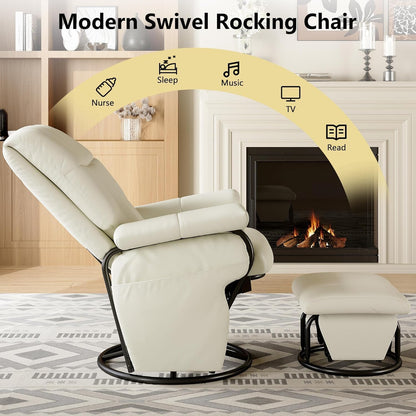 AODAILIHB 360° Swivel Glider Recliner with Ottoman, Nursing Glider Rocking Chair with Foot Rest & 2 Side Pockets for Nursery, Living Room, Bedroom, Office, White