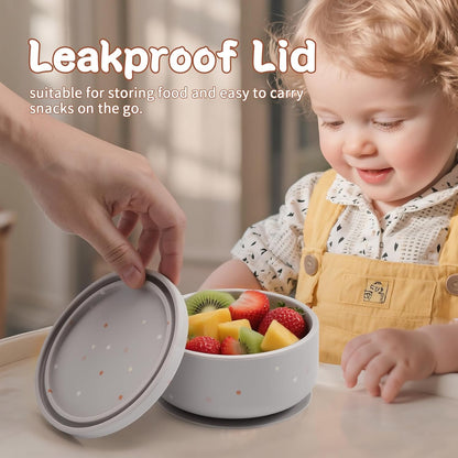 2-Pack Baby Bowls with Suction - Silicone Bowl with Lid, Non-Slip Suction Bowls for Baby, Feeding Bowl for Baby Led Weaning - Dishwasher Safe, Toddler Bowls for High Chair & Travel (Pink+Grey)