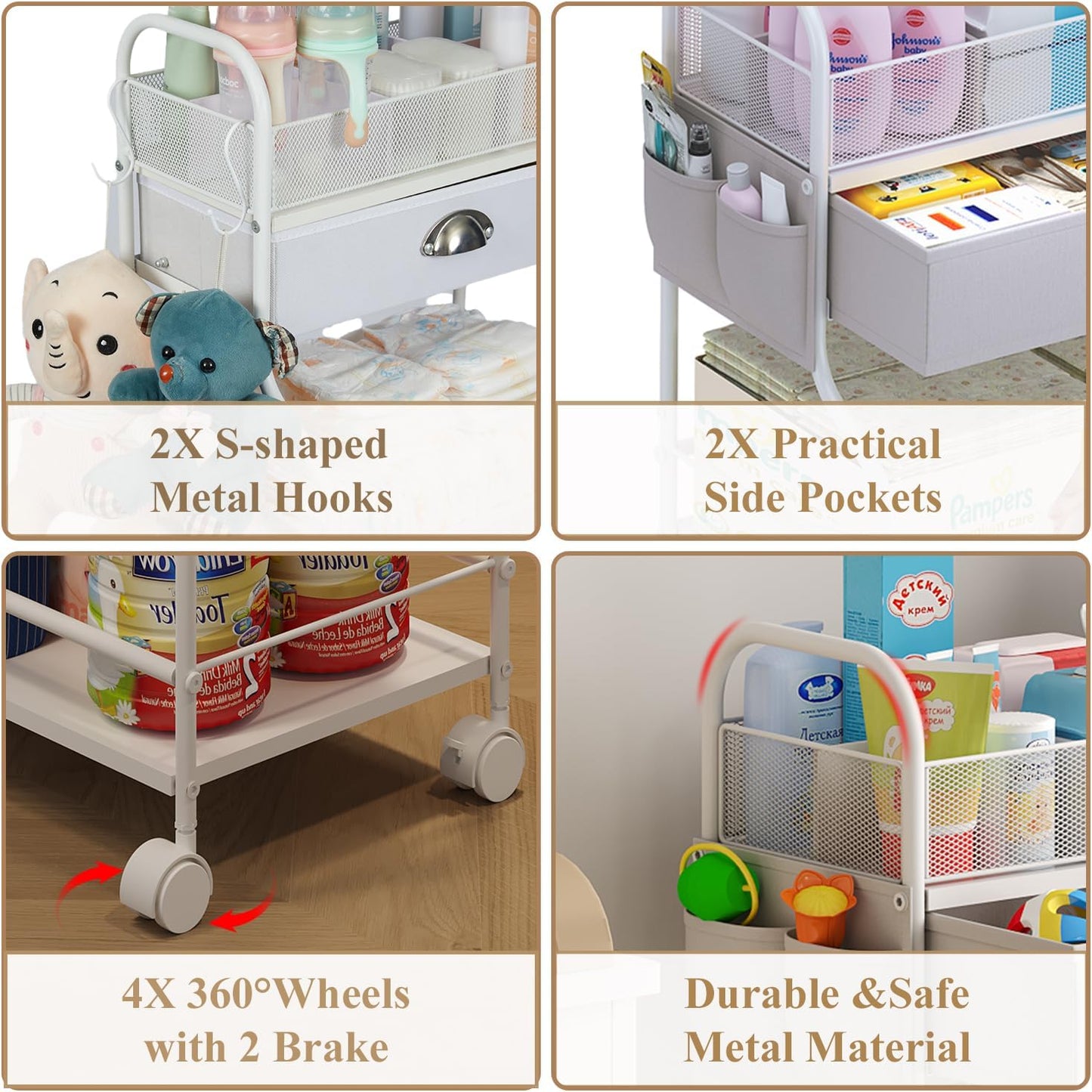 3-Tier Baby Diaper Caddy Cart Organizer,Mobile Nursery Storage Carts with Wheels,With 2 Dividers&14 Mesh Pockets Durable Metal Utility Cart for Nursery, Bedroom, Bathroom, Baby Essentials Organization
