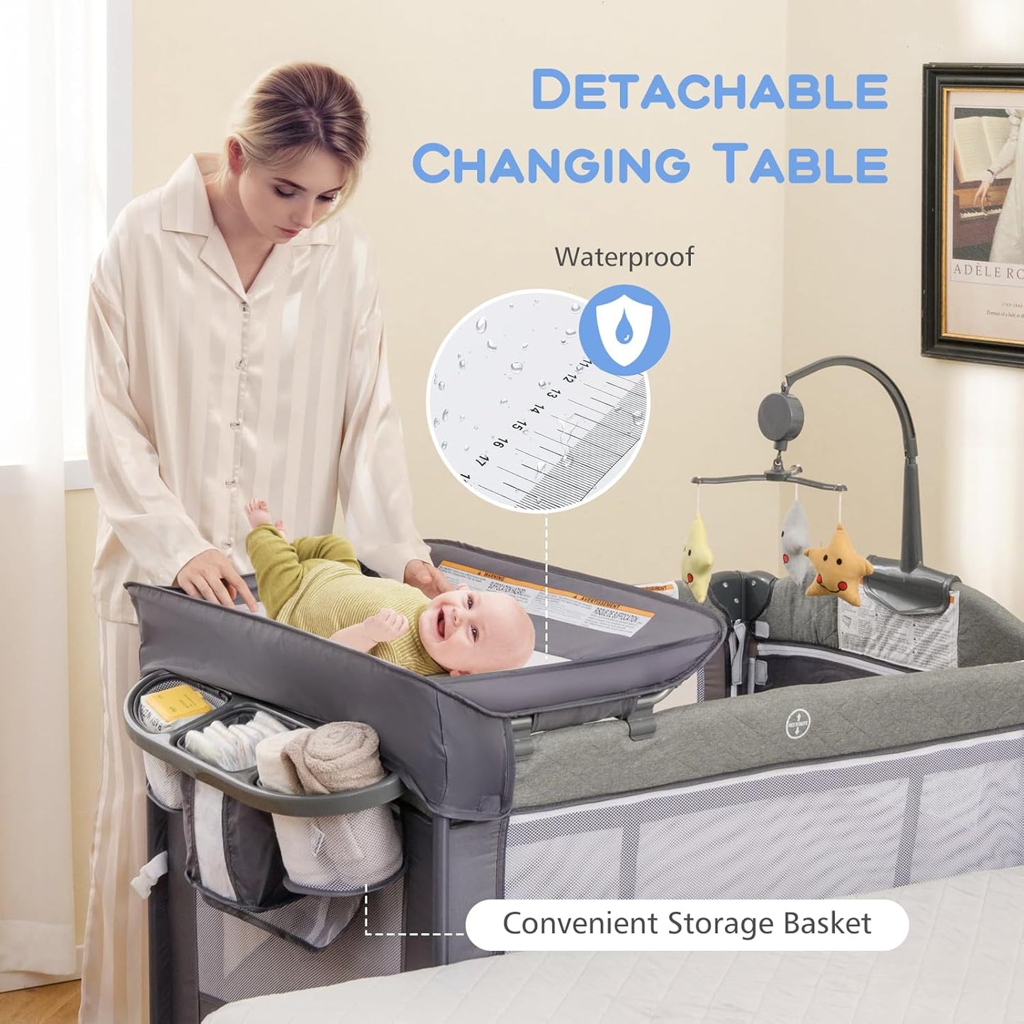 INFANS Pack and Play, 5 in 1 Baby Bedside Sleeper with Bassinet, Diaper Changer, Mattress, Carry Bag, Music Box Hanging Toys, Foldable Bedside Crib, Portable Playard for Newborn Toddlers (Gray)