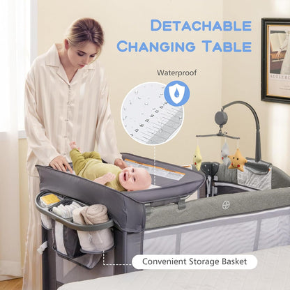 INFANS Pack and Play, 5 in 1 Baby Bedside Sleeper with Bassinet, Diaper Changer, Mattress, Carry Bag, Music Box Hanging Toys, Foldable Bedside Crib, Portable Playard for Newborn Toddlers (Gray)