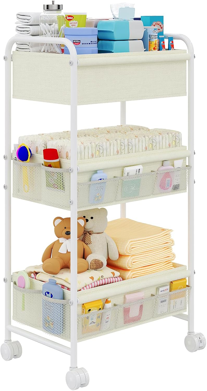 3-Tier Baby Diaper Caddy Cart Organizer,Mobile Nursery Storage Carts with Wheels,With 2 Dividers&14 Mesh Pockets Durable Metal Utility Cart for Nursery, Bedroom, Bathroom, Baby Essentials Organization
