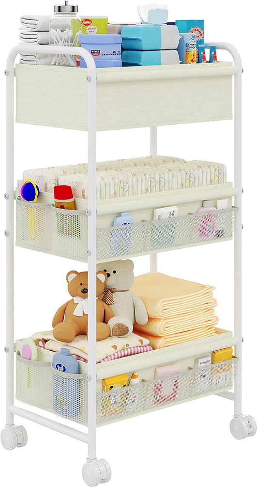 3-Tier Baby Diaper Caddy Cart Organizer,Mobile Nursery Storage Carts with Wheels,With 2 Dividers&14 Mesh Pockets Durable Metal Utility Cart for Nursery, Bedroom, Bathroom, Baby Essentials Organization