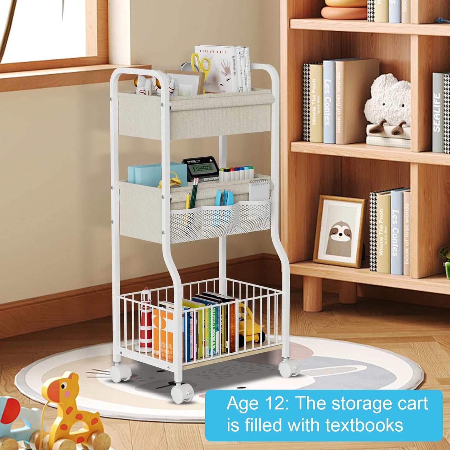 3-tier Baby Diaper Caddy Organizer and Storage Cart with 4+3 Dividers, Metal Utility Cart with Lockable Wheels for Nursery, Bedroom, Bathroom, White