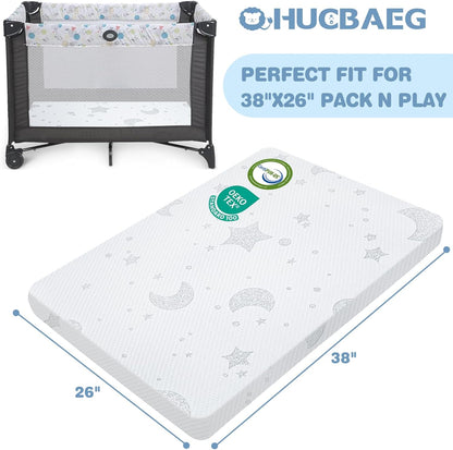 Pack and Play Mattress, 38x26 Pack N Play Mattresses Pad Dual-Sided Soft & Firm Memory Foam 3 Inch Thick with Breathable Removable Cover