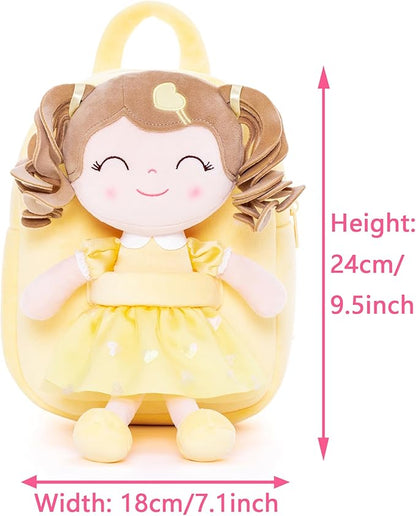 Gloveleya Back to School Gifts for Girls Toddler Backpack Baby Girls Gift Plush Bag Diaper Bag with Spring Girl Doll Curly Hair Girl Toys with Love Yellow 9 Inches