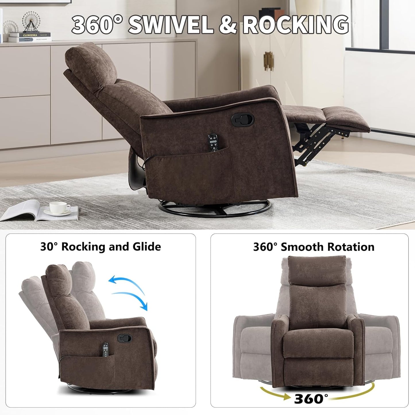 Trustyue Swivel Rocker Recliner Chair, 360° Swivel Recliner with Heat and Massage, Rocker Recliner Nursery Glider Chair with Side Pockets for Living Room (Beige, Fabric)