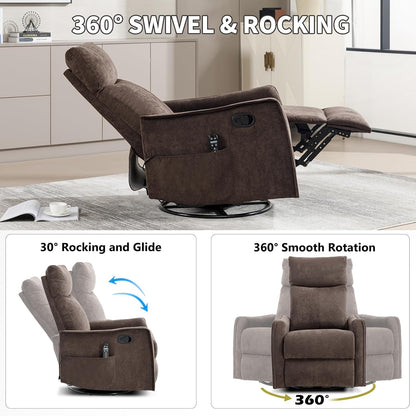 Trustyue Swivel Rocker Recliner Chair, 360° Swivel Recliner with Heat and Massage, Rocker Recliner Nursery Glider Chair with Side Pockets for Living Room (Beige, Fabric)