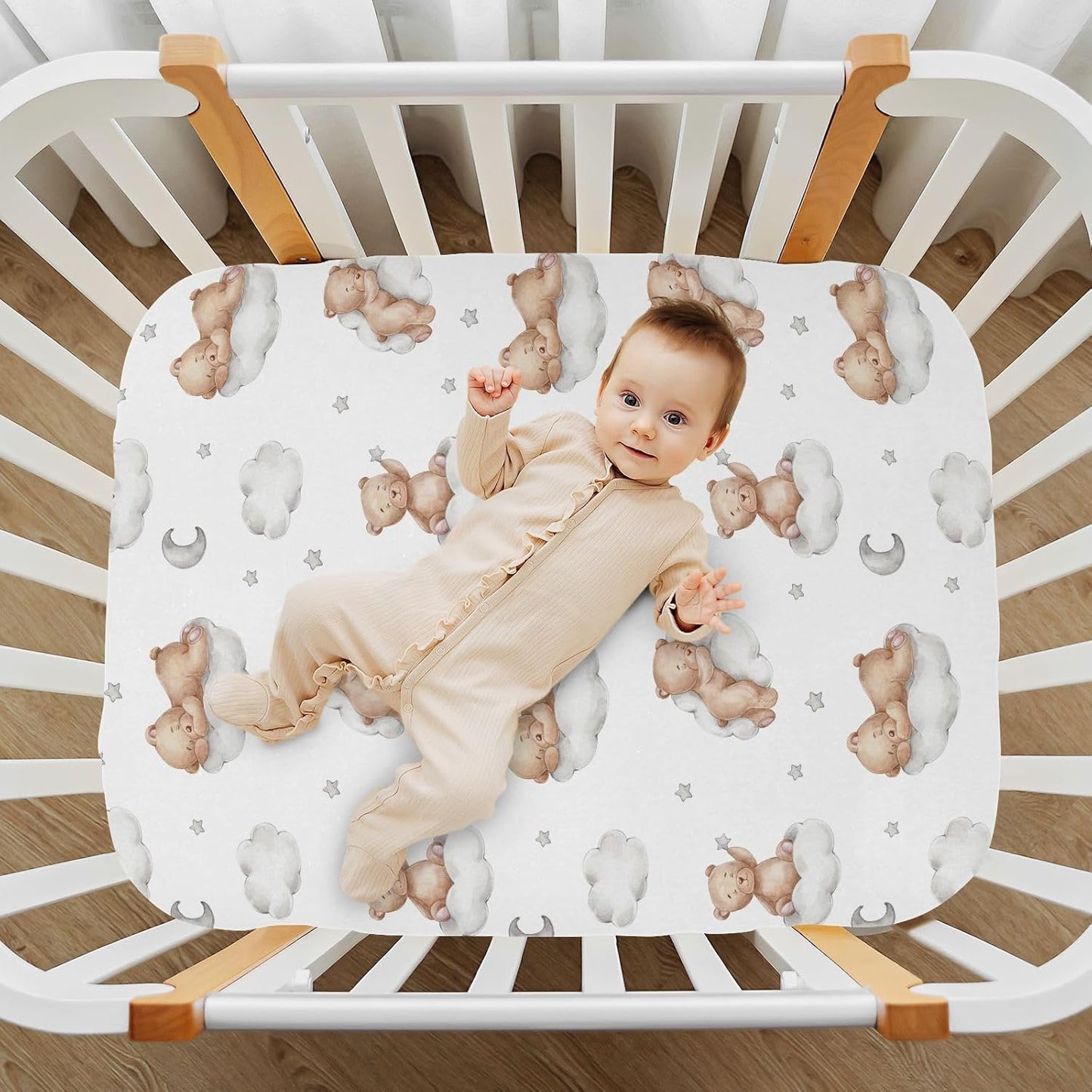 Fitted Crib Sheets White Bears with Clouds Stretchy Portable Playard Sheets for Baby Toddler, Breathable Soft Mini Crib Mattress 39 x 27 in for Boys and Girls