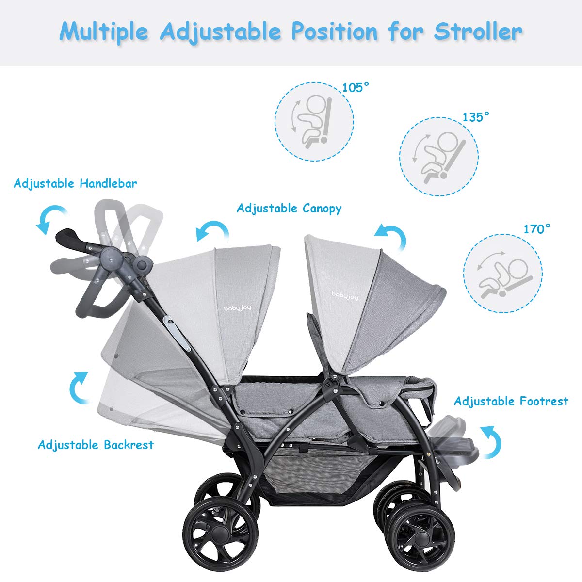 BABY JOY Double Stroller, Foldable Lightweight Twin Stroller with Tandem Seating, Adjustable Backrest/Canopy/Footrest, 5-Point Harness, Storage Basket, Newborn and Toddler (Black)