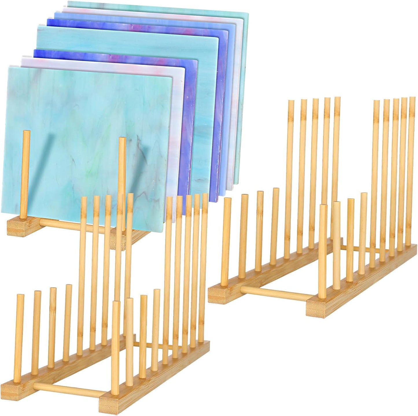 3Pack Stained Glass Organizer Bamboo Dish Plate Rack Wooden Dish Plate Stand Stained Glass Holder Space Saving Bamboo Drying Rack Baby Bottle Drying Rack, 8 Slots Organizer