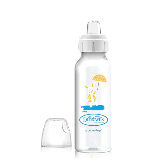 Dr. Brown's Milestones Narrow Sippy Bottle, 100% Silicone Soft Sippy Spout, 8oz/250mL, Flamingo & Bunny, 6m+