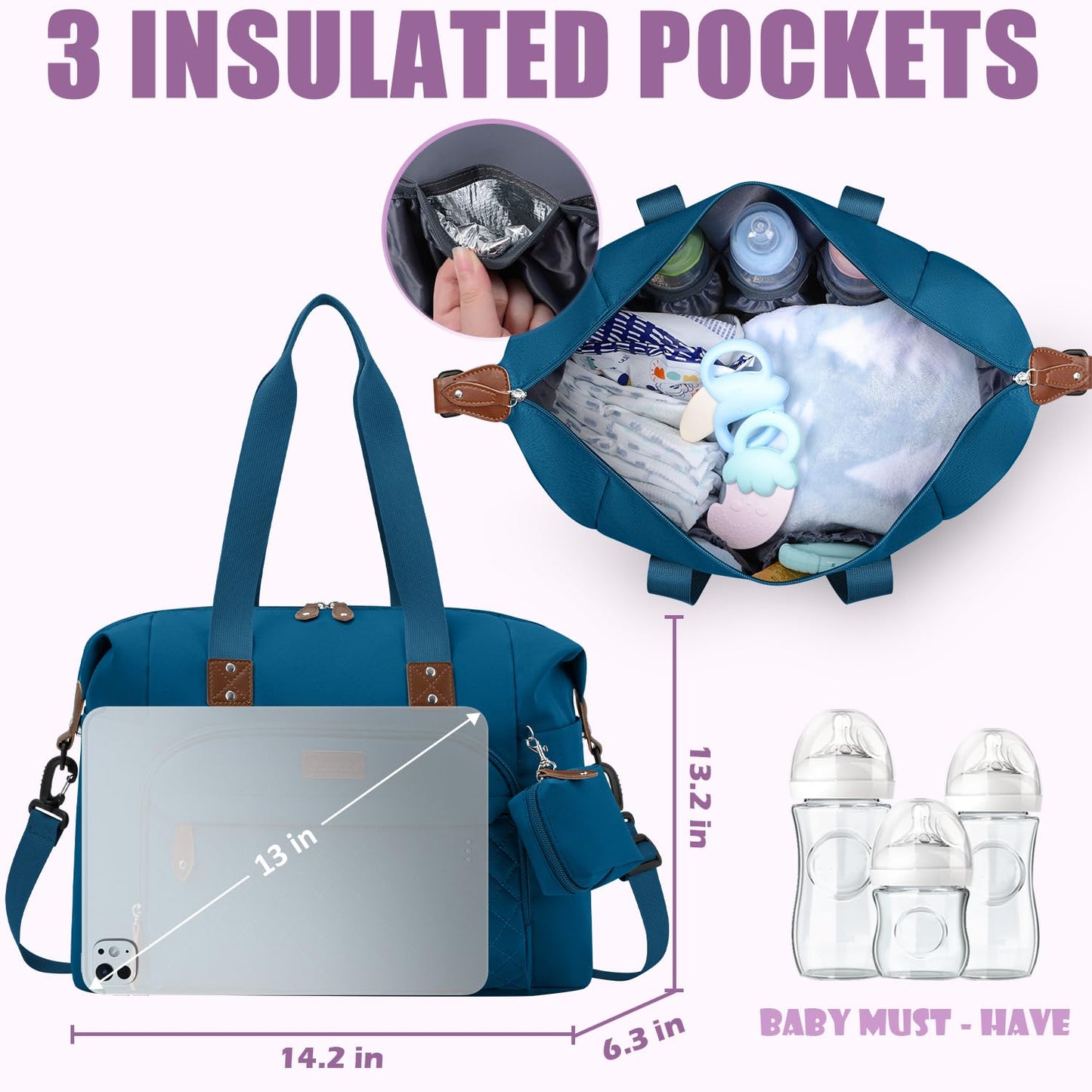 Tuwubi Diaper Bag Tote,Baby Diaper Bag with Pacifier Case Large Travel Diaper Tote Caddy for Mom and Dad Multifunction Large Baby Bag - M-Pink