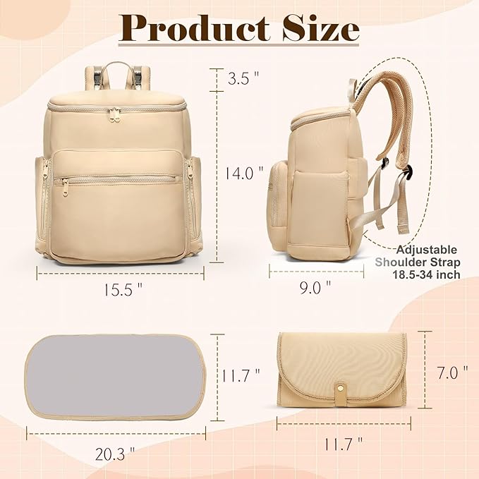 Diaper Bag Backpack, Neoprene Bag Backpack, Large Diaper Backpack with 16 Diaper Bag Organizers, 4 Insulated Pockets, Lighweight Travel Baby Bag with Changing Pad for Mom & Dad, Apricot