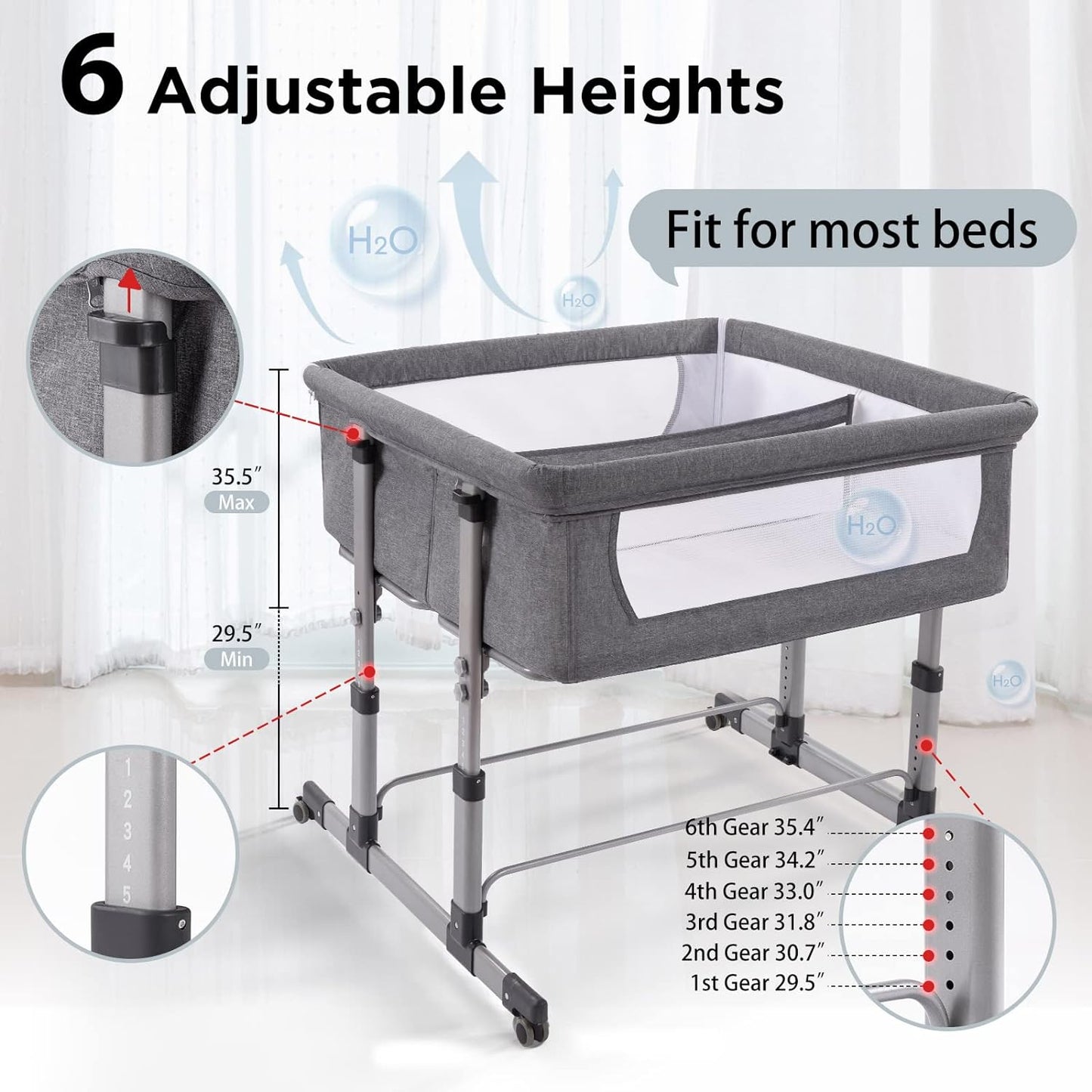 Ihoming Twin Bedside Bassinet for Baby Grey Co Sleeper Crib Attaches to Bed Double Bassinet Sleeper for Twins Infant Newborn Adjustable Safe Sleeping Solution