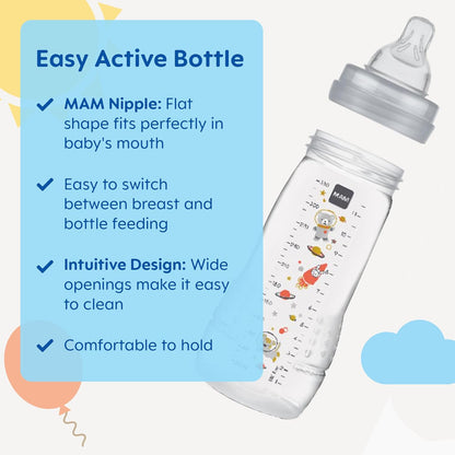 MAM Easy Active Baby Bottle 2 Pack, 11oz, BPA Free, Fast Flow Silicone Nipple, Anti-Slip Grip, Leak-Proof, 4+ Months, Cotton