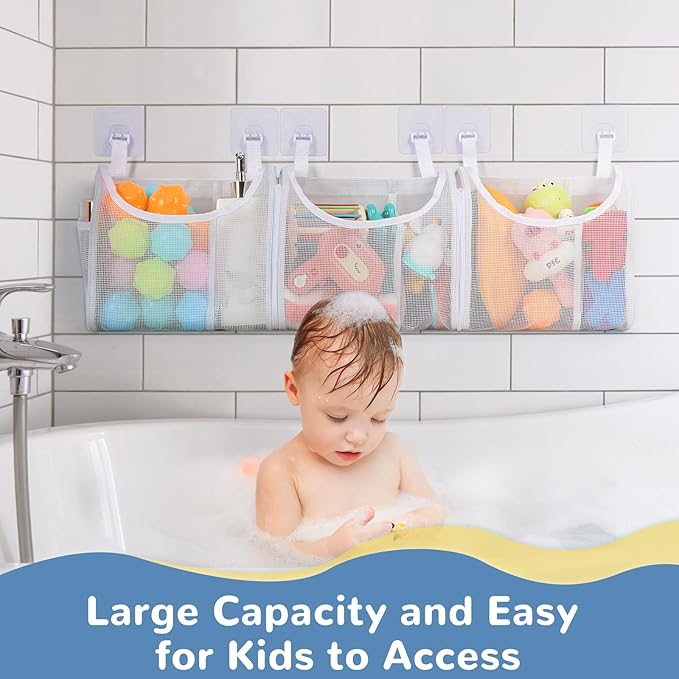 Bath Toy Storage, Detachable 6 Compartments Bath Toy Holder, Large Capacity Bathtub Toy Storage with Built-in Compartments Side Pockets, Mesh Shower Caddy for Sorting Baby Bathroom Toys - White