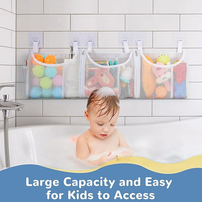 Bath Toy Storage, Detachable 6 Compartments Bath Toy Holder, Large Capacity Bathtub Toy Storage with Built-in Compartments Side Pockets, Mesh Shower Caddy for Sorting Baby Bathroom Toys - White