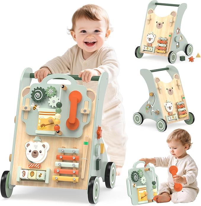 WOODMAM Wooden Baby Walker, Adjustable Speed Baby Push Walker for 1 Year Old, 10-in-1 Montessori Walker for Boys & Girls, Toddler Sit-to-Stand Learning Toy with Detachable Busy Board