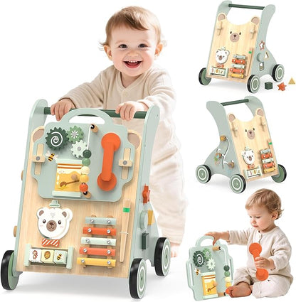 WOODMAM Wooden Baby Walker, Adjustable Speed Baby Push Walker for 1 Year Old, 10-in-1 Montessori Walker for Boys & Girls, Toddler Sit-to-Stand Learning Toy with Detachable Busy Board