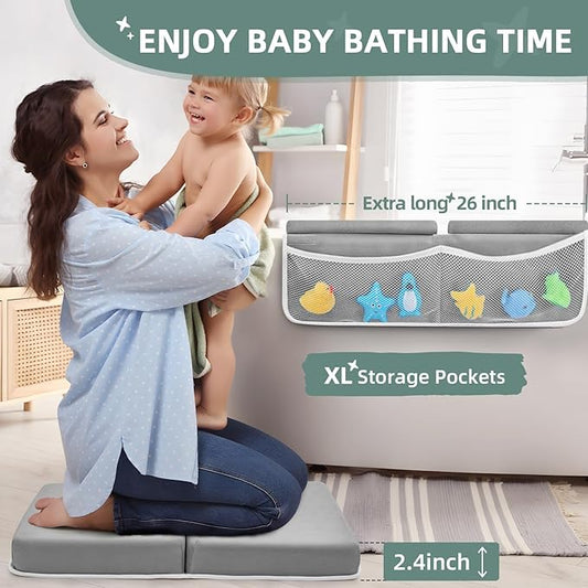 IFNOW Baby Bath Kneeler and Elbow Rest Pad Set - 26'' Extra Long and 2.4'' Thick, Quick Dry Kneeling Pad for Bathing Baby with Knee & Arm Support, Foldable Non-Slip Bathtub Mat with Toys Organizer