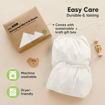 2-Pack Waterproof Pack and Play Sheets, Mini Crib Sheets Fitted for Boy, Girl - 38 x 26 Viscose from Bamboo Pack N Play Mattress Sheets for Graco, Toddler Playard Baby Crib Sheets Neutral (Blue Flax) - Colors B