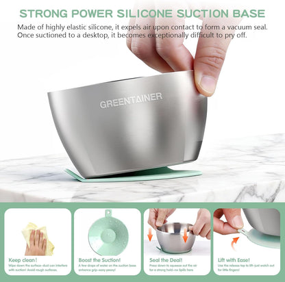 Greentainer Stainless Steel Baby Bowl Set of 3, Double Wall Insulated, Unbreakable Toddler Bowls with Removable Silicone Suction Base, Non-Slip, Dishwasher Safe, BPA-Free for Infants 6+ Months (Green)